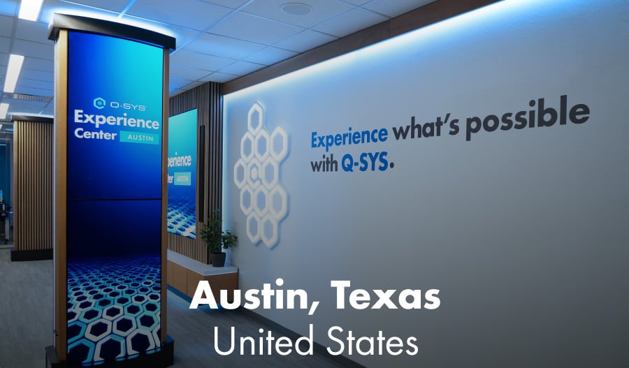 High-tech looking hallway in the Q-SYS experience center located in Austin, Texas United States