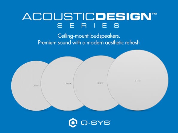 Grafik mit 4 Q-SYS Zero Bezel Lautsprechern. Mit Text, der besagt: AcousticDesign Deckeneinbaulautsprecher. Erstklassiger Sound mit moderner Q-SYS Optik