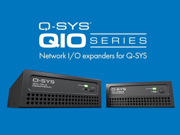 Grafik mit einem Q-SYS QIO-TEL2 neben einem Q-SYS QIO-AES8x8 mit dem Text: Q-SYS QIO Netzwerk-I/O-Erweiterungen für Q-SYS