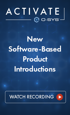 Image text: Neue softwarebasierte Produkteinführungen, Aufzeichnung ansehen. Activate Q-SYS Logo