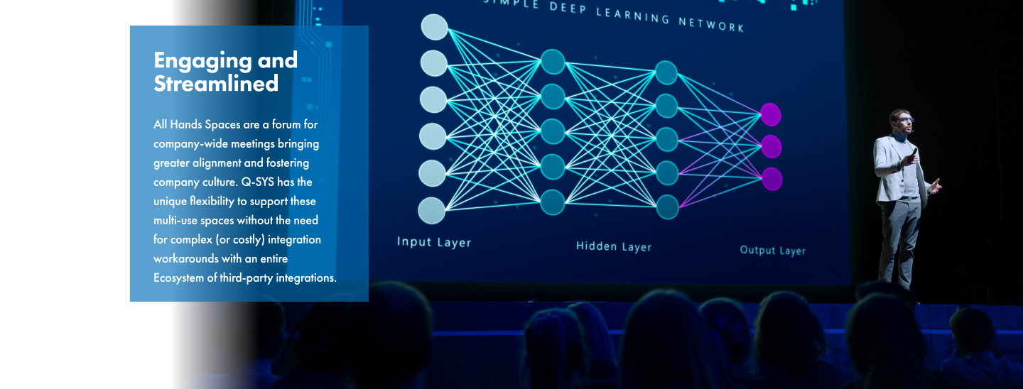 Blick auf einen Mann auf der Bühne, der eine technische Präsentation hält
