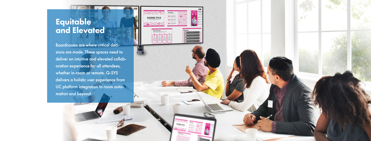 Mitarbeiter in einem Boardroom mit Q-SYS Peripheriegeräten, die an einer Videokonferenz teilnehmen