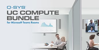 Bild eines teilbaren Konferenzraums mit dem Text: Q-SYS UC Compute Bundle für Microsoft Teams Rooms