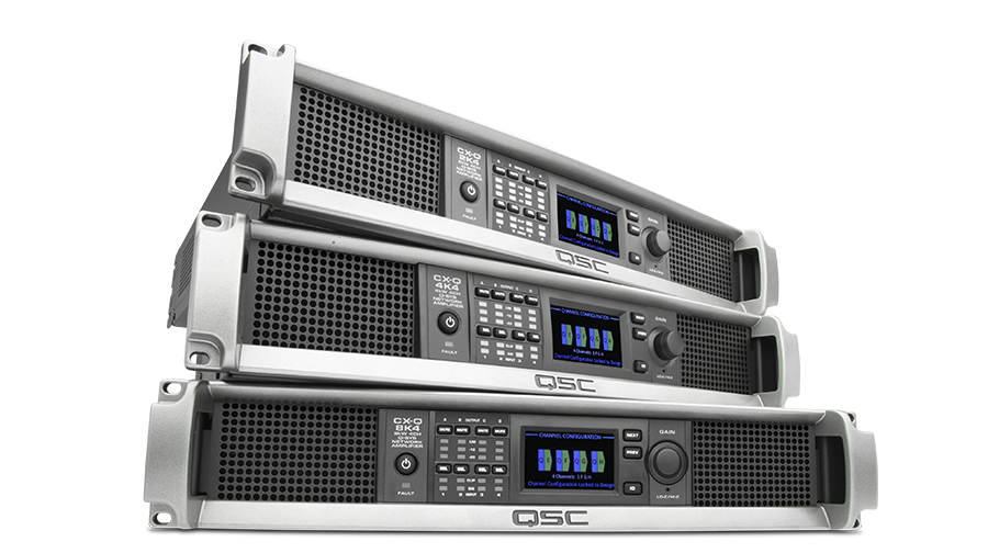 Frontansicht zweier Q-SYS CX-Q Endstufen