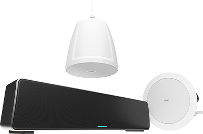 View of three Q-SYS NL Series Network Loudspeakers including an in-ceiling speaker, pendant speaker and sound bar