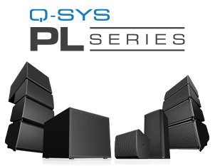 Array of new Q-SYS PL Series speakers including line array, subs, and loudspeakers
