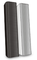 Front left-angled view of two QSC column speaks in back and white color