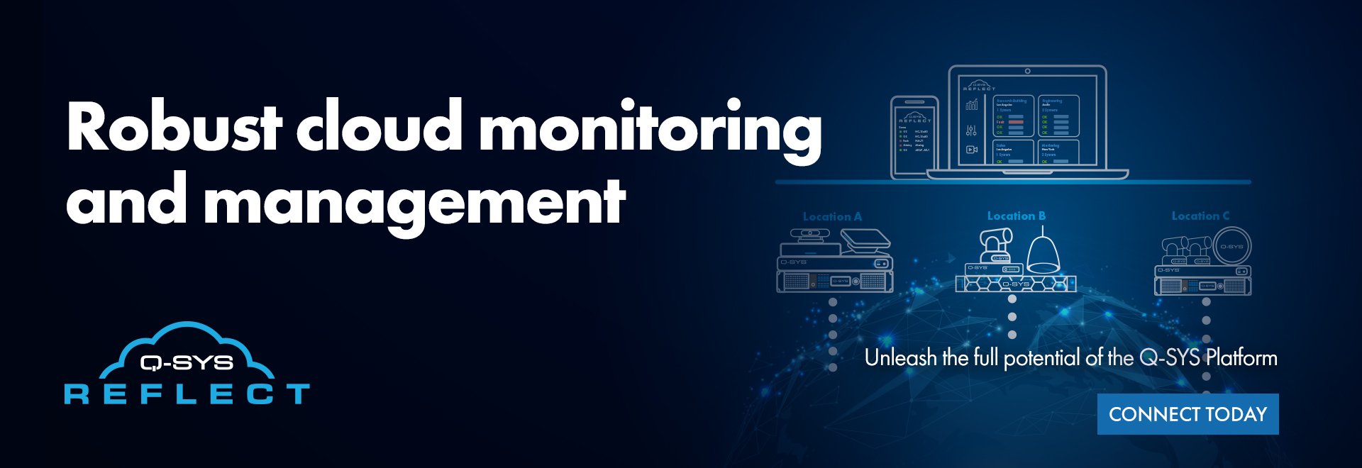 Q-SYS Reflect Banner-Text: "Robust cloud Monitoring and Management"