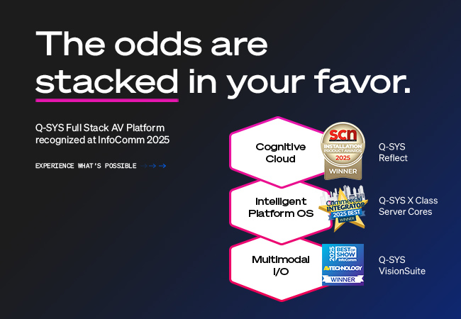 Banner der Q-SYS Full Stack AV-Plattform, Text lautet: „Die Chancen stehen gut für Sie. Q-SYS Full Stack AV-Plattform auf der InfoComm 2025 ausgezeichnet