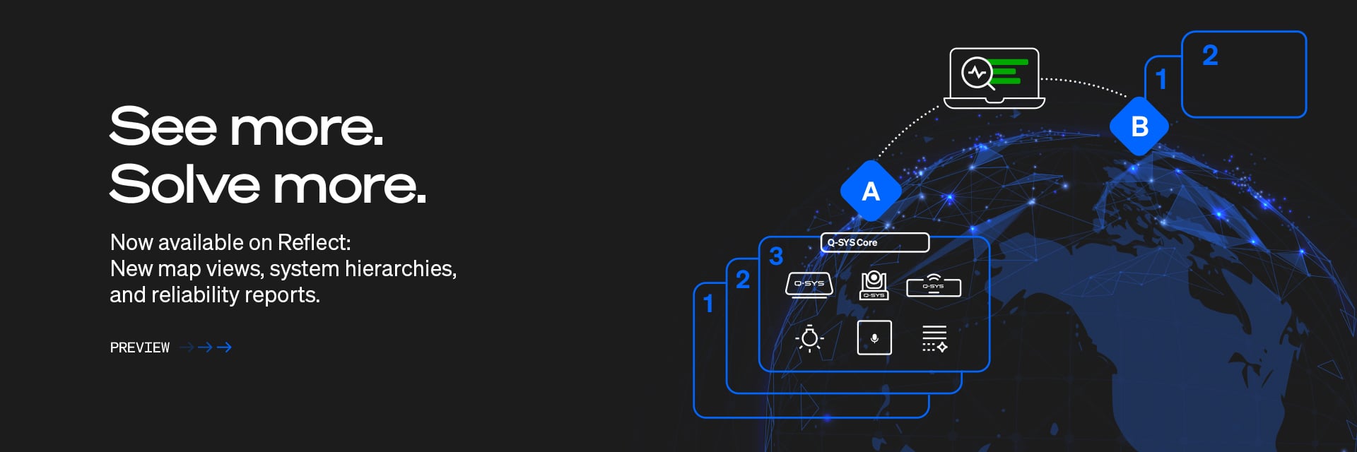 Der Text des Q-SYS Reflect-Banners lautet: „See more, solve more; Now available on Reflect: New map views, system hierarchies, and reliability reports.“