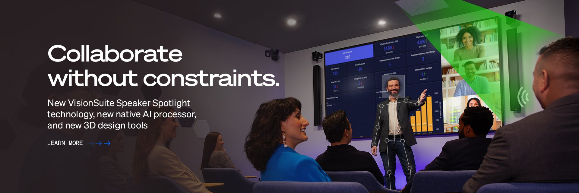 Der Text auf dem Q-SYS VisionSuite-Banner lautet: „Zusammenarbeit ohne Einschränkungen; neue VisionSuite Speaker Spotlight-Technologie, neuer nativer KI-Prozessor und neue 3D-Designtools“.