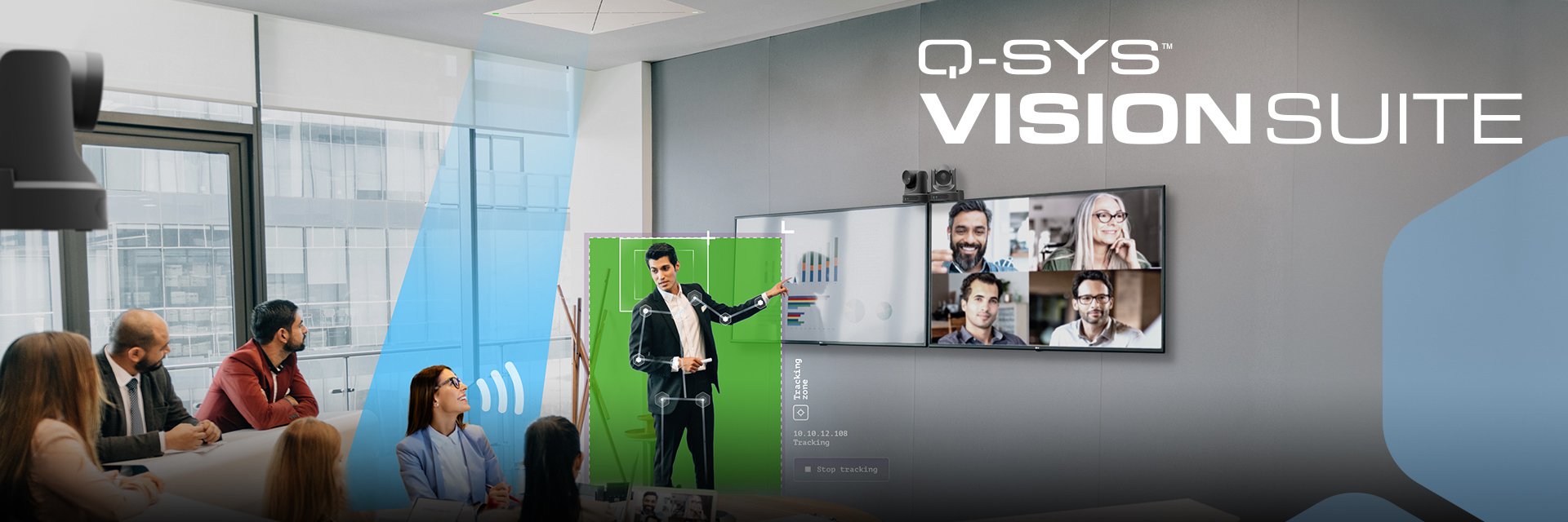 Employees in a conference room with illustrations of VisionSuite camera, and microphone functionality